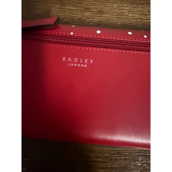 Radley London Red Leather Wallet Penguin Dog Appliqué Slim Bifold Zip Coin Purse - Picture 7 of 8